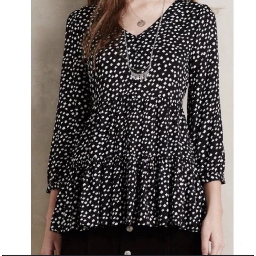 Maeve Anthropologie Lila Polka Dot Peplum 3/4 Sleeve Black White Blouse S Top